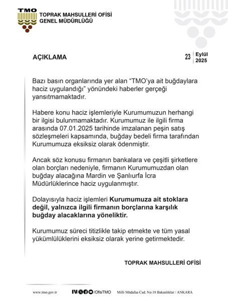 TMO’ya ait buğdaylara haciz uygulandığı iddiası yalanlandı